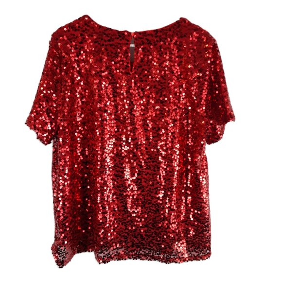 Cato Womans Sequined Top Size XL Pullover Keyhole Party Holiday Red Short Sleeve - Picture 2 of 10
